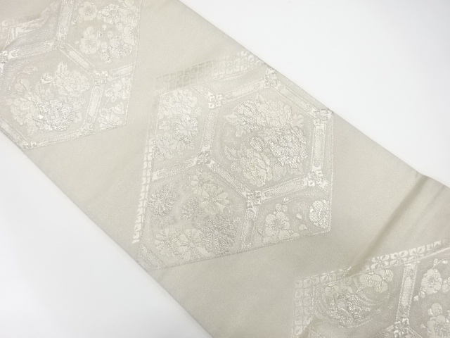 JAPANESE KIMONO / ANTIQUE FUKURO OBI / SILK / WOVEN RHOMBUS & KIKKO & FLORAL ROUNDEL CREST